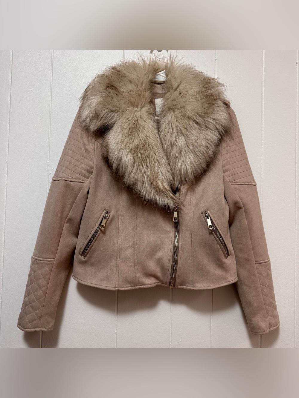 River Island Women’s Taupe Faux-Suede Jacket with Faux-Fur Collar SZ 12